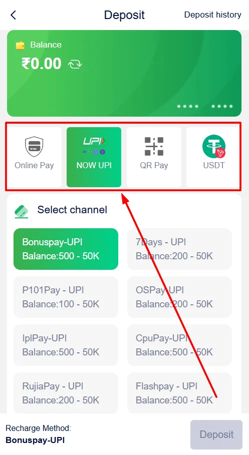 Deposit money using any method